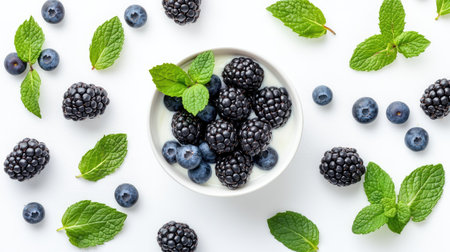 Overhead shot of a white bowl containing Greek yogurt, blackberries, and blueberries, surrounded by mint leaves and loose berries on a white backgroundの素材