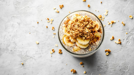 Overhead shot of a chia pudding parfait with oats, banana, granola, and cinnamon, styled on a light gray background with natural shadowsの素材