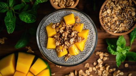 Overhead view of chia seed pudding in a glass jar, topped with juicy mango chunks and crunchy granola, surrounded by fresh ingredients on a wooden tableの素材