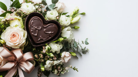 Romantic arrangement of flowers and a heart-shaped chocolate box, styled on a bright white background with room for text or design.の素材