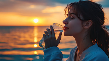 Relaxed and fit European woman drinking water, recovering after evening run, peaceful seaside background.の素材