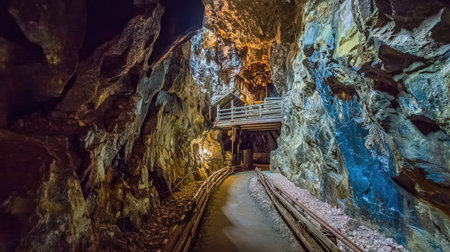 Rustic mine shaft deep inside the Falun copper mine, showcasing old wooden structures and mineral-streaked rock formations.の素材