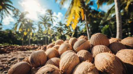 Rural coconut production farm with mounds of dry coconuts on the ground under the tropical sunの素材