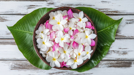 Rose and jasmine petals floating in Songkran bowl, lotus leaf and Thai floral garland arranged on white wood planksの素材