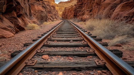 Rusty rail tracks disappearing into darkness, deep inside an abandoned mine tunnel with jagged rock formations.の素材