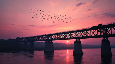A stunning sunset view showcasing a bridge over a river, silhouetted against vibrant skies. Birds fly gracefully as the day transitions to night, creating a tranquil atmosphere.の素材