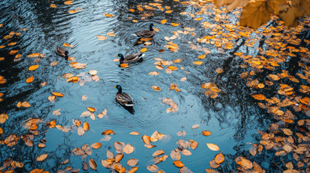 A group of ducks swim gracefully in a serene pond adorned with vibrant autumn leaves, capturing the beauty of nature's seasonal transition.の素材
