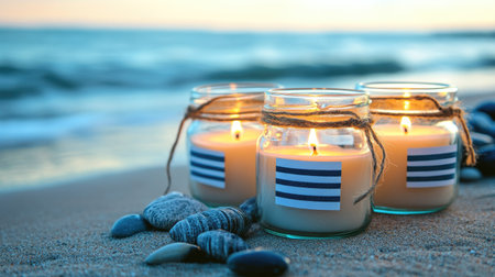 Beautiful handmade wedding favor candles in glass jars, decorated with nautical stripes, twine, and a personalized label, set on a sandy beach.の素材