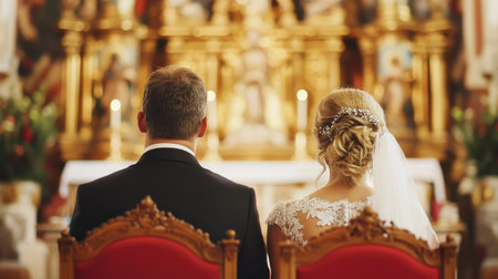 Bride and groom listening to wedding vows, sitting on red chairs, selective focus on the intricate church details.の素材