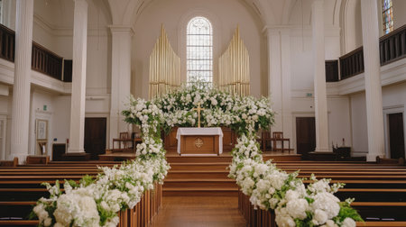 Classic church wedding ceremony dcor, featuring white floral arrangements, wooden pew decorations, and golden accents.の素材