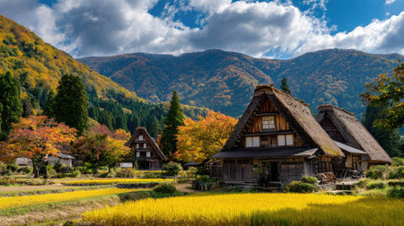 A beautiful Japanese village in autumn showcases traditional thatched roof houses surrounded by vibrant trees and golden rice fields, set against majestic mountains.の素材