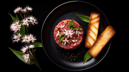 An exquisite gourmet dish showcasing tartare with fresh herbs, paired with toasted bread and delicate flowers, beautifully arranged on a black background.の素材