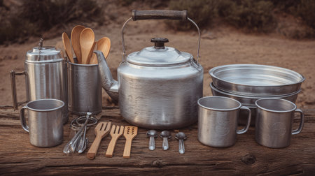 An inviting vintage metal kitchenware set featuring a kettle, mugs, wooden utensils, and more. Ideal for outdoor adventures, camping trips, or rustic gatherings.の素材