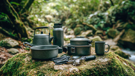 Discover the perfect camping cooking gear set displayed on a mossy stone by a serene forest stream, ideal for outdoor adventures and trips.の素材