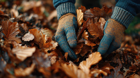 A close-up of hands in gloves collecting dry autumn leaves, showcasing the beauty and texture of nature in a serene forest environment.の素材