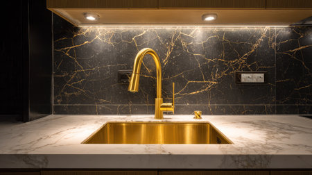 Stunning gold faucet installed in a sleek kitchen with marble countertop. The elegant design and luxurious materials create a modern aesthetic perfect for any home.の素材