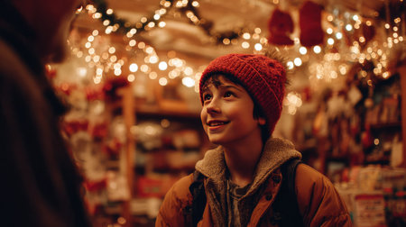 A joyful child wearing a cozy winter hat smiles warmly in a beautifully lit shop filled with festive decorations, capturing the essence of holiday magic and excitement.の素材