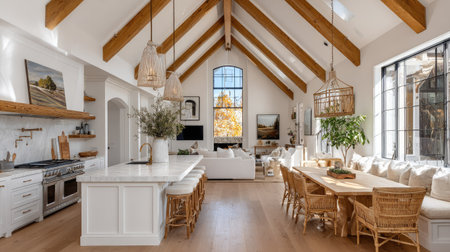 Bright and inviting modern rustic kitchen featuring vaulted ceilings, light wood beams, and a cozy dining area. Perfect for family gatherings or entertaining guests.の素材