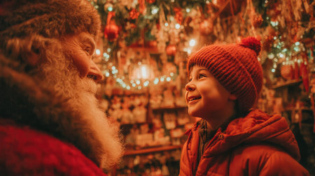 A joyful moment captured between Santa Claus and a delighted child, radiating warmth and festive spirit during the holiday season, surrounded by enchanting decorations.の素材