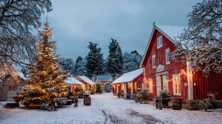 A picturesque winter scene featuring red barns adorned with lights, surrounded by snow and evergreen trees, creating a warm and inviting atmosphere.の素材
