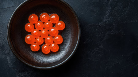 This image showcases vibrant orange gelatin bubbles arranged in a bowl on a textured dark surface, perfect for culinary presentations, dessert inspirations, or creative food photography.の素材