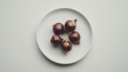 Aesthetic shot of fresh garlic bulbs beautifully arranged on a white plate, highlighting their rich texture and natural appeal for culinary use.の素材