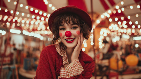 A cheerful young clown with a red nose and hat smiles in a vibrant carnival setting. The background is filled with colorful lights that enhance the playful atmosphere, capturing the essence of joy and celebration.の素材