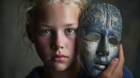 A thoughtful young girl delicately holds an ornate mask against her face, evoking themes of identity, emotion, and artistry in a captivating portrait.の素材