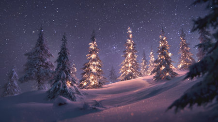A mesmerizing winter landscape featuring snow-covered trees adorned with warm lights beneath a starry night sky, creating a tranquil and magical atmosphere.の素材