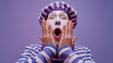 A surprised mime artist showcases an expressive face with vibrant makeup against a purple background. The artist captures a moment of joy and creativity through unique gestures.の素材