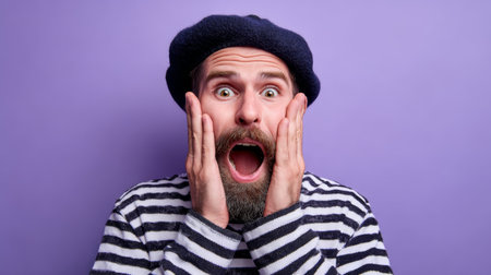 A surprised man with a beard and beret expresses shock with hands on his face. This vibrant portrait captures emotion against a purple background.の素材