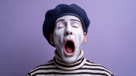 A mime artist with white painted face and a beret yawns dramatically. The playful expression against a soft purple backdrop captures the essence of silent entertainment.の素材