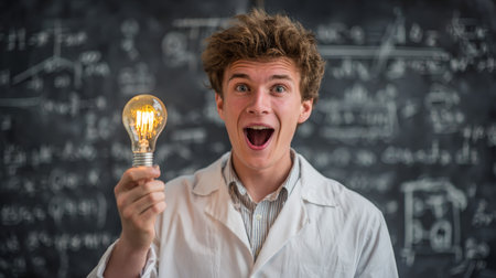 A cheerful young scientist celebrates a brilliant idea while holding a glowing light bulb in a classroom filled with complex equations and diagrams.の素材