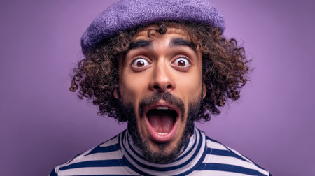 A young man with curly hair and a purple beret expresses excitement, showcasing a playful and cheerful personality in a vibrant indoor setting.の素材