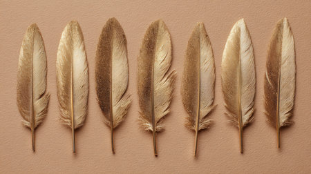 This image features a stunning arrangement of elegant gold feathers on a soft backdrop, showcasing organic beauty and minimalist design, perfect for various creative projects.の素材
