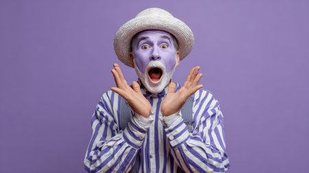 A surprised clown with purple makeup and a striped shirt shows an expressive emotion against a vibrant purple background, embodying fun and creativity.の素材