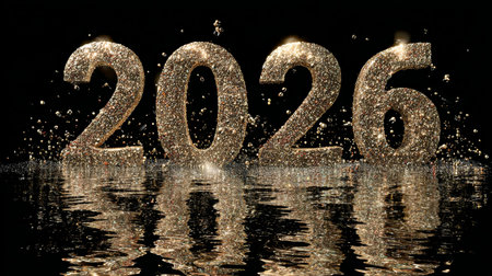 Sparkling numbers 2026 stand tall in reflective water, creating a mesmerizing and festive atmosphere perfect for New Year celebrations and joyful moments.の素材