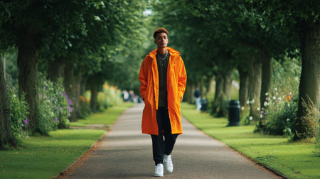 A young man in a bright orange jacket walks confidently along a serene park path lined with trees, reflecting the joy of outdoor exploration and vibrant fashion.の素材