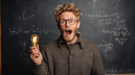 A surprised man with glasses and a beard holds a light bulb against a chalkboard filled with equations, symbolizing creativity and inspiration in science and education.の素材