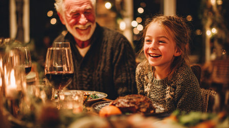 A joyful moment at dinner between a grandfather and his granddaughter, sharing laughter and warmth, surrounded by festive lights and delicious food.の素材