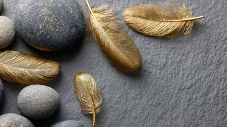 A close-up image featuring elegant gold feathers resting on smooth gray stones. This composition showcases beauty and tranquility, ideal for artistic and creative projects.の素材