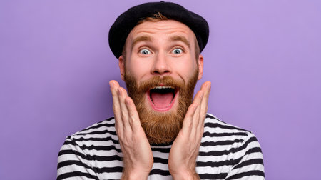 A joyful man with a thick beard and stylish attire expressing excitement against a vibrant purple backdrop. His surprised face captures a moment of happiness.の素材