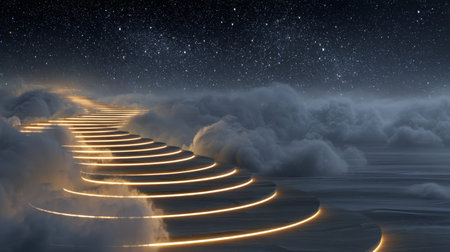 Serene nighttime image of a glowing pathway winding through fluffy clouds under a star-studded sky, evoking feelings of adventure and tranquility.の素材