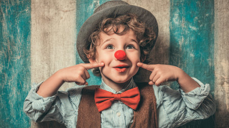 A cheerful young boy dressed in a clown costume displays his playful spirit with a bright smile and a big red nose, capturing the essence of childhood joy and excitement.の素材