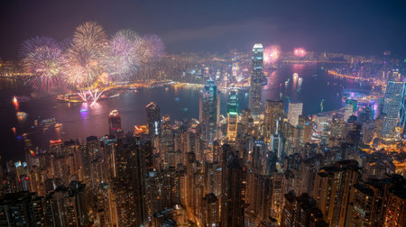 A stunning aerial view of the Hong Kong skyline illuminated by vibrant fireworks. This breathtaking scene captures the excitement of celebrations against a dynamic urban backdrop.の素材
