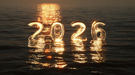 A serene sunset scene featuring the numbers 2026 reflecting on a calm water surface, creating a magical and optimistic atmosphere for the coming year.の素材