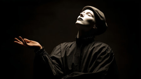 A captivating mime performer showcases artistry through expressive movements in dramatic lighting. The black attire and makeup create a powerful visual narrative.の素材