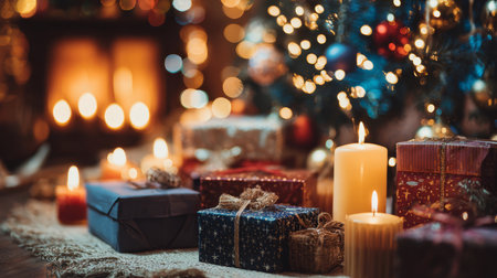 A cozy Christmas scene featuring beautifully wrapped gifts, glowing candles, and a decorated tree. The warm lights create a festive atmosphere perfect for celebrations.の素材