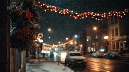 A serene snowy night scene featuring charming holiday lights and festive decorations. The glimmering streets invite a cozy atmosphere, perfect for winter strolls.の素材