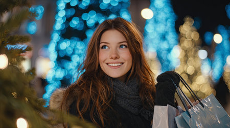 A joyful woman smiles while shopping amidst beautiful holiday lights, capturing the essence of festive cheer. The vibrant ambiance enhances her happiness.の素材